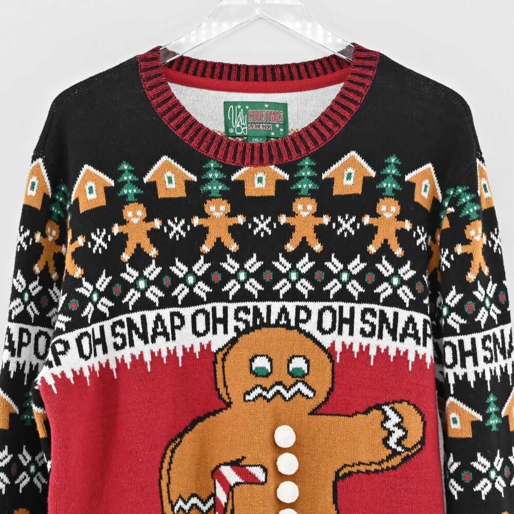 UGLY CHRIATMAS‎ SWEATER Mens Size XL Gingerbread Man Oh Snap Candy Cane Crutch - Picture 2 of 12